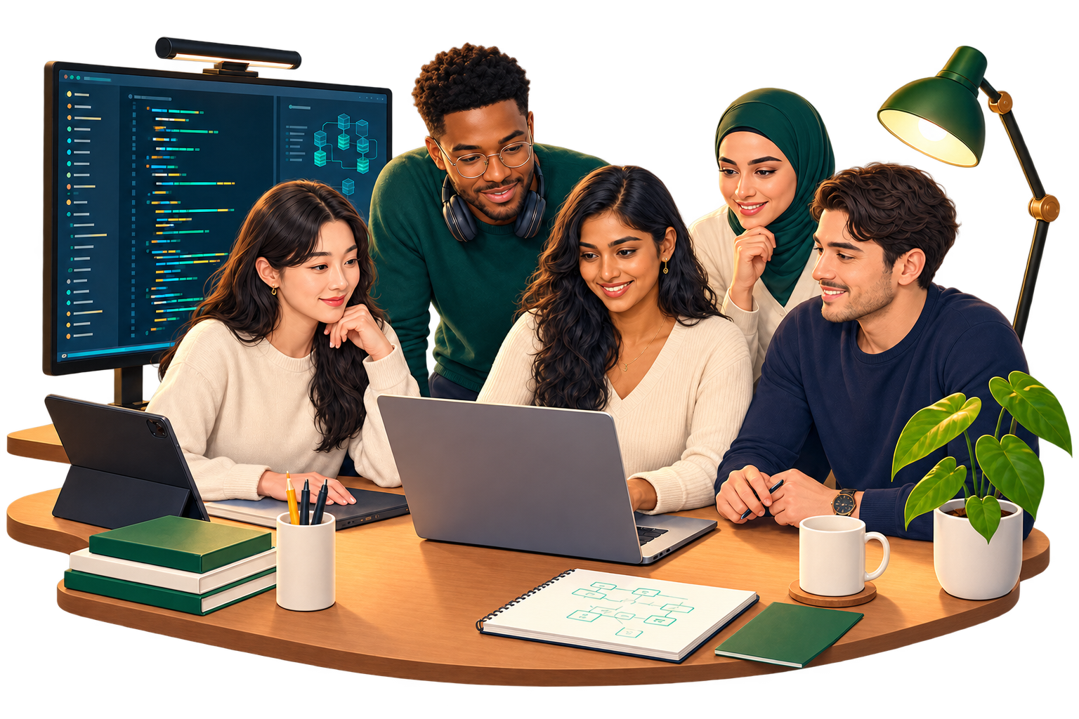 Five adult learners from different backgrounds studying code and AI infrastructure together at one table